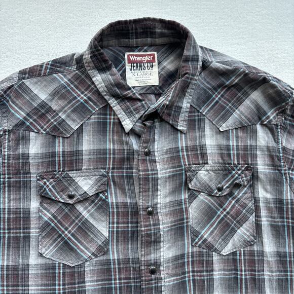 Wrangler Jeans Co Men X Large Plaid Western Shirt Pearl Snap Long Sleeve Gray - Picture 3 of 15